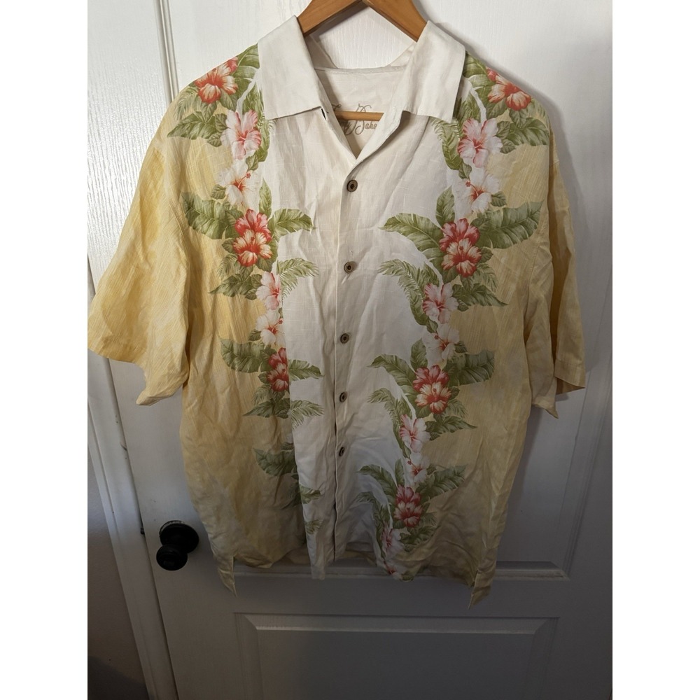 Tommy Bahama Silk Linen Hawaiian Button Up Shirt Mens Size XL Yellow White A1